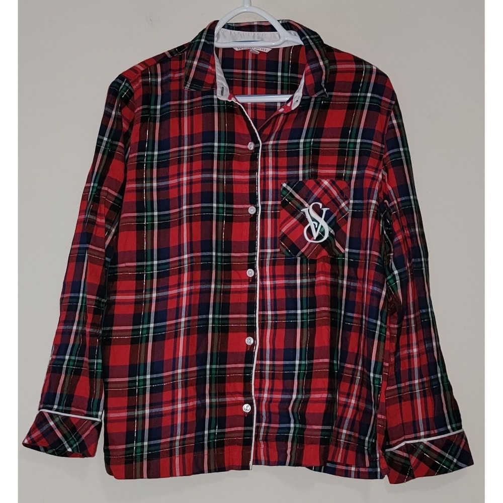 Victorias Secret Plaid Flannel Pajama Top Shirt Womens XS Long‎ Sleeve Sparkle